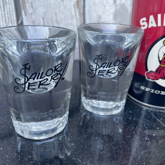 Sailor Jerry Shot Glass Lot 4 Heavy Thick Bottom & Spiced Rum Tin Cup - Picture 2 of 8